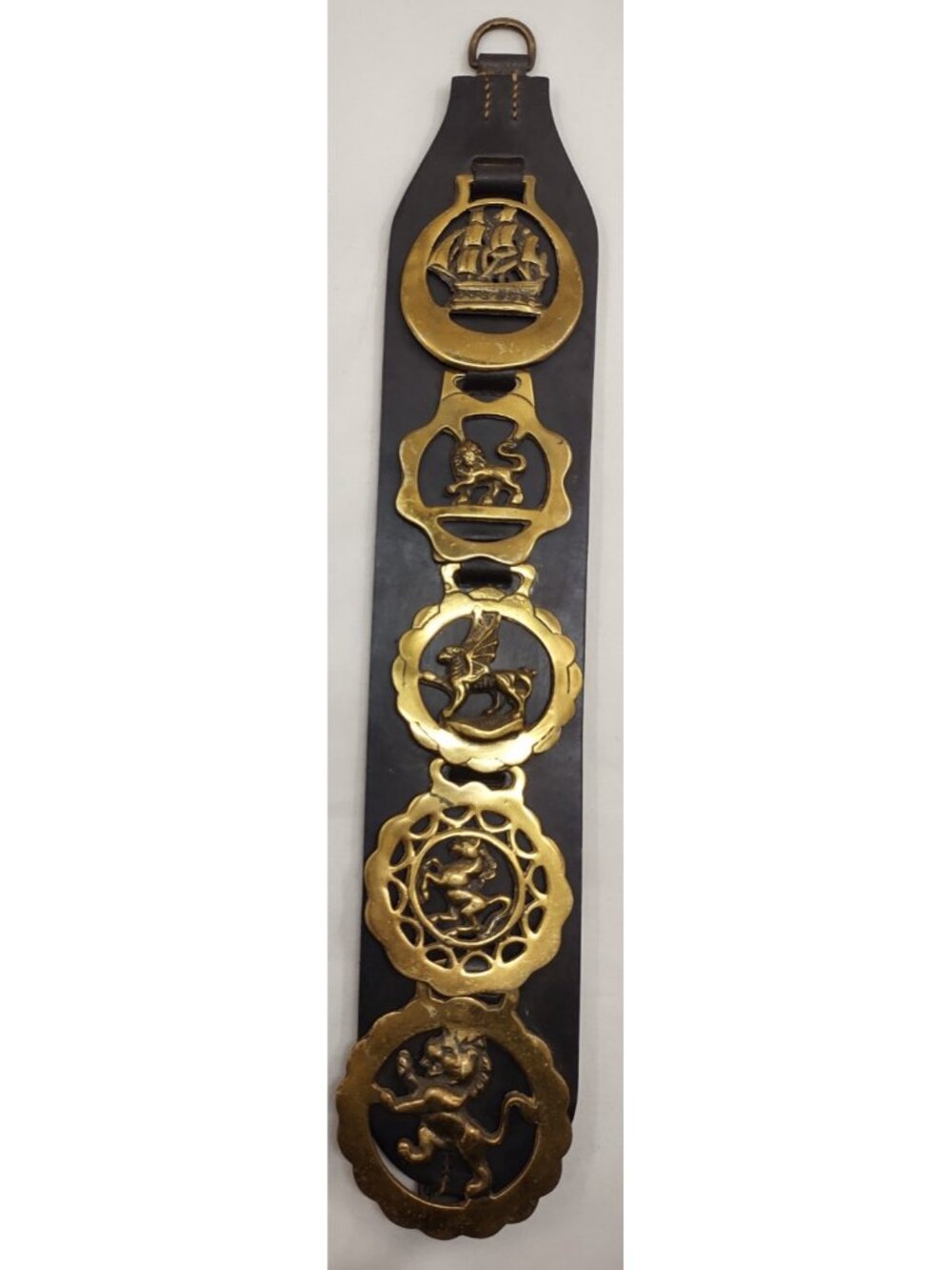 Vintage English Horse Brass Martingale Strap Ship Griffin Lion Heraldic Set
